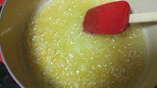 Once the sugar dissolves, put the spatula away until it begins to caramelize.