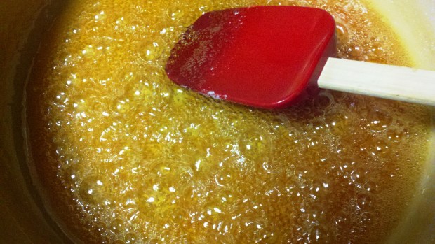 The mixture progresses from honey to amber very quickly. Watch it carefully.