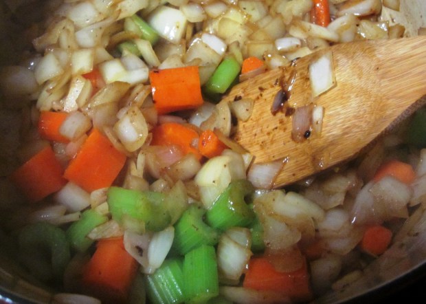 Cook the onions, celery and vegetables in the pan drippings.